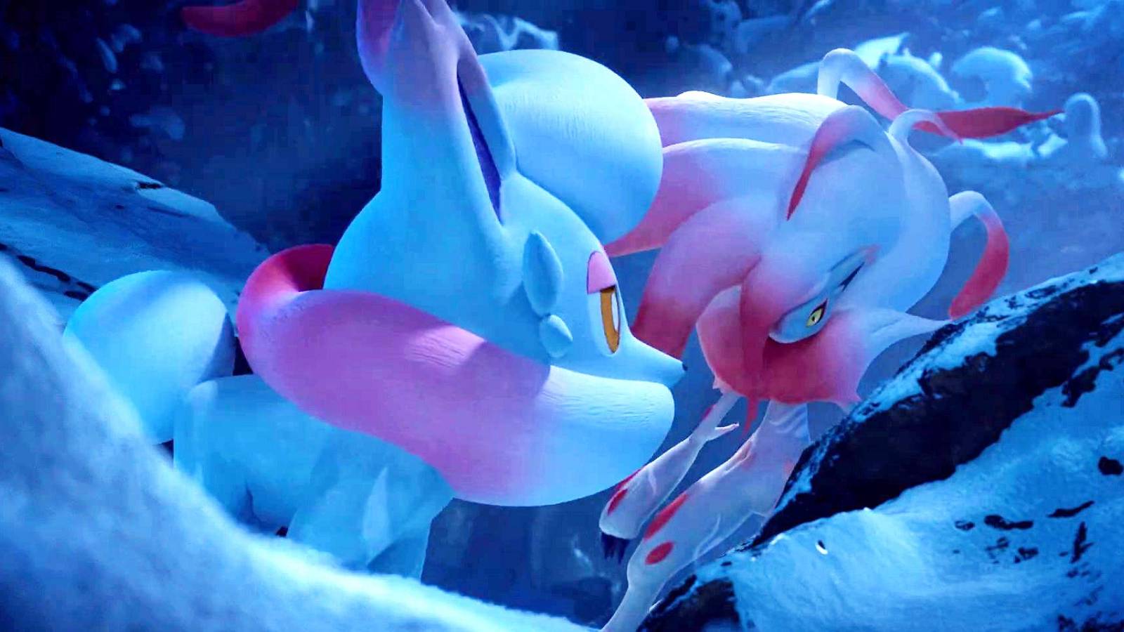 pokemon legends arceus zorua and zoroark in snow feature