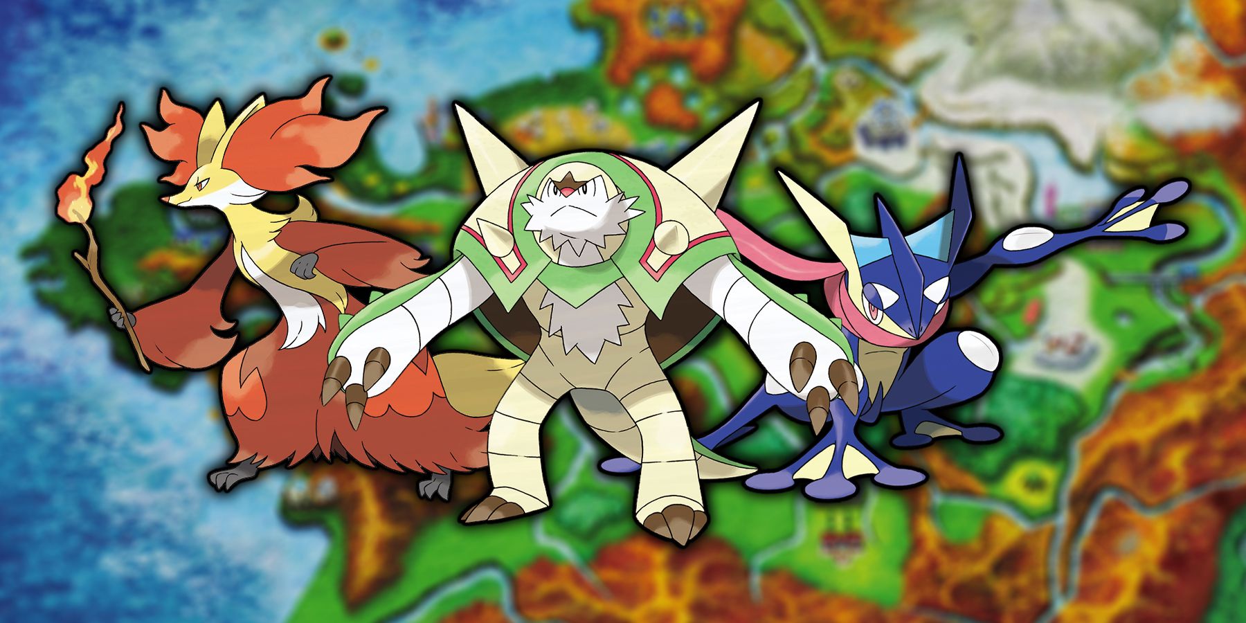 Delphox, Chesnaught, and Greninja from Pokemon X and Y with a map of the Kalos region in the background.