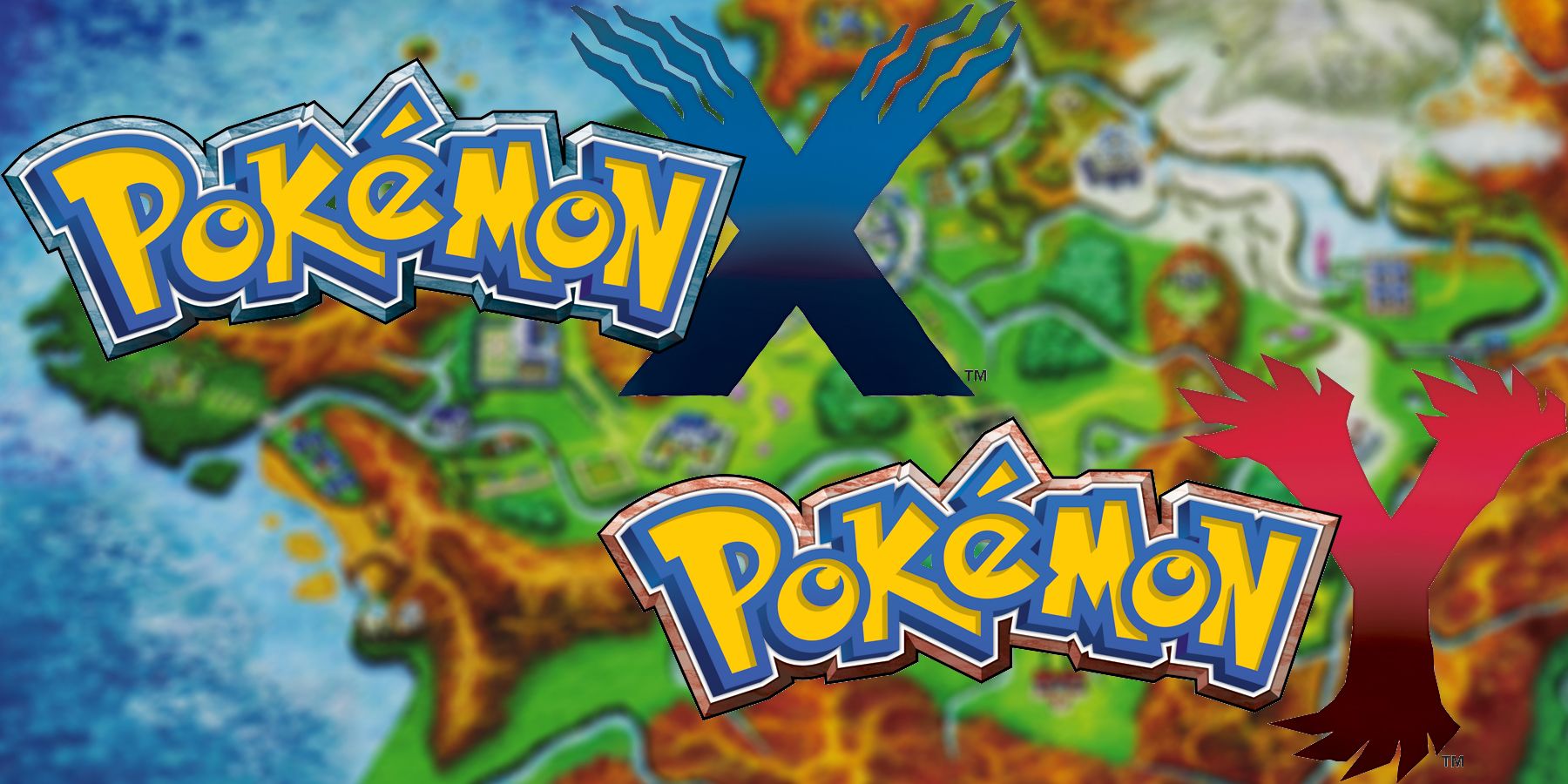 The Pokemon X and Y logos with a map of the Kalos region in the background.