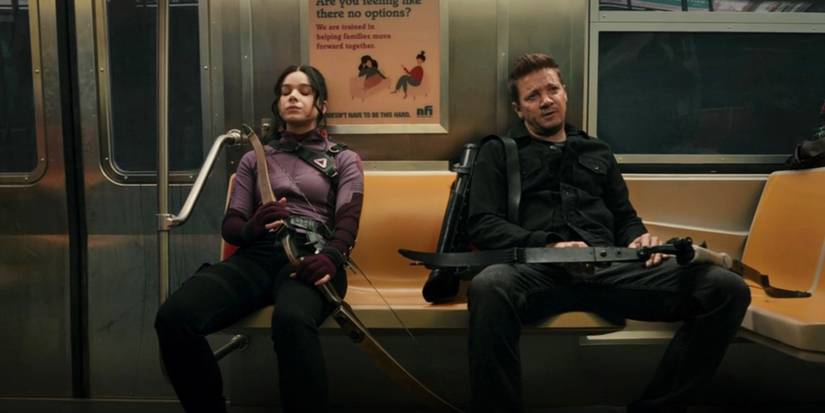 Jeremy Renner and Hailee Steinfeld riding subway in Hawkeye