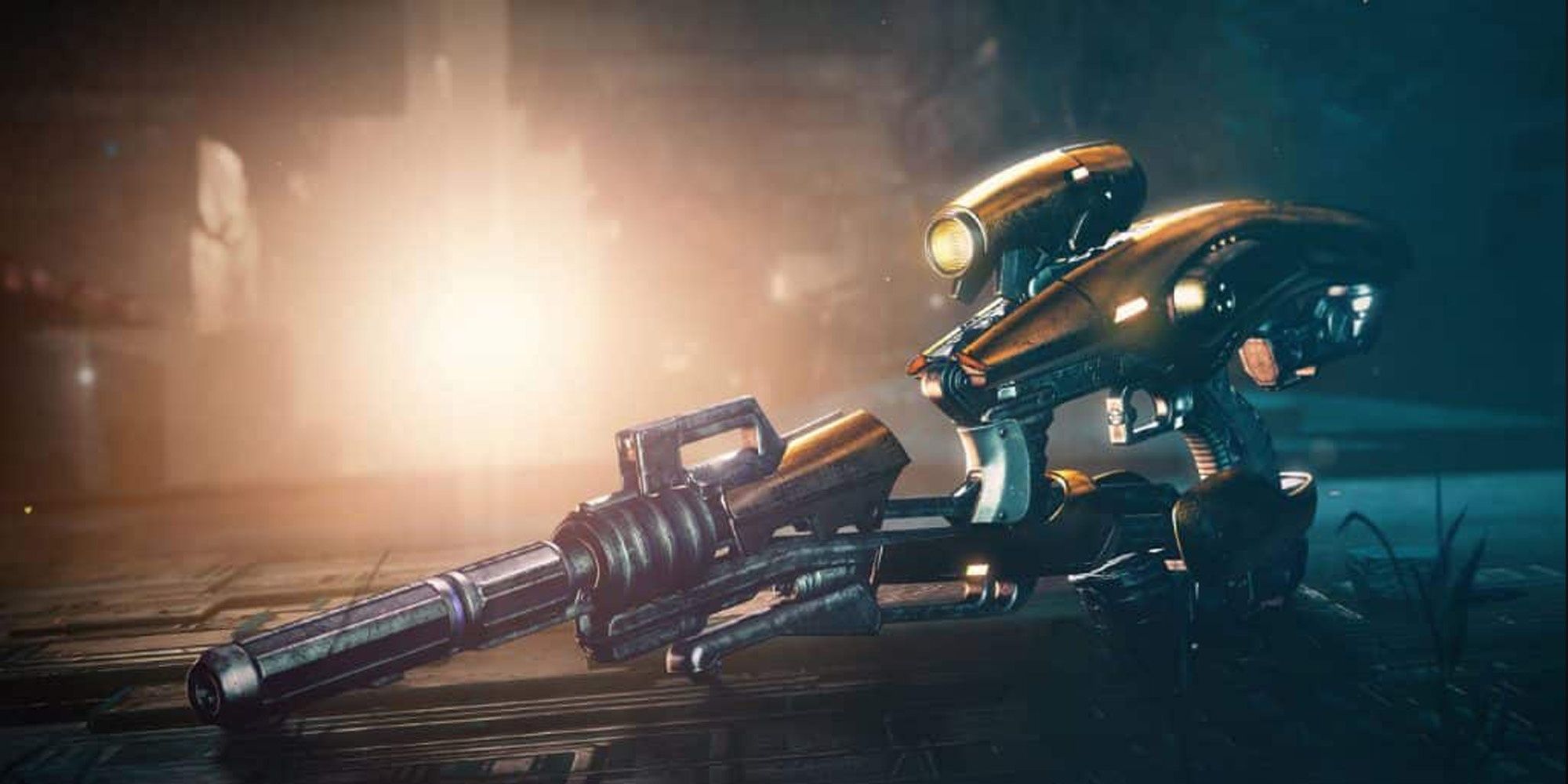 Destiny 2 robotic character armed with gun looks at off-screen target