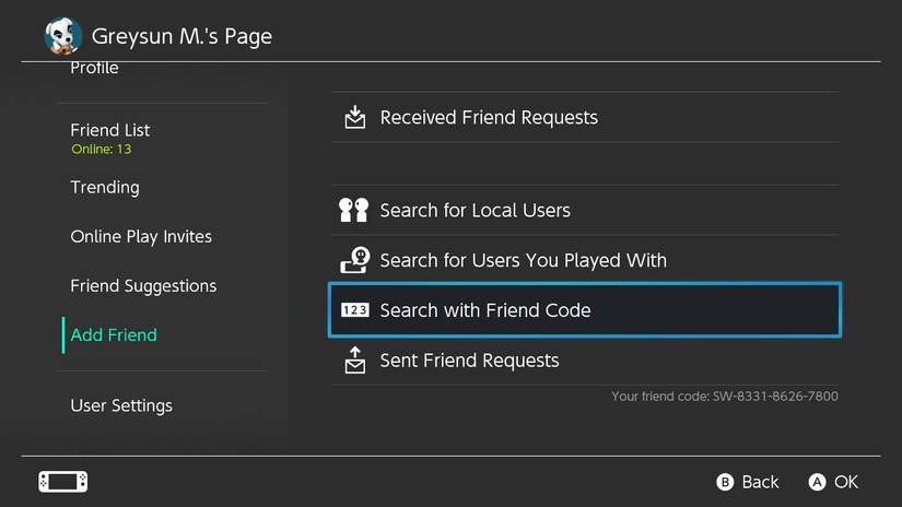 search with friend code switch menu