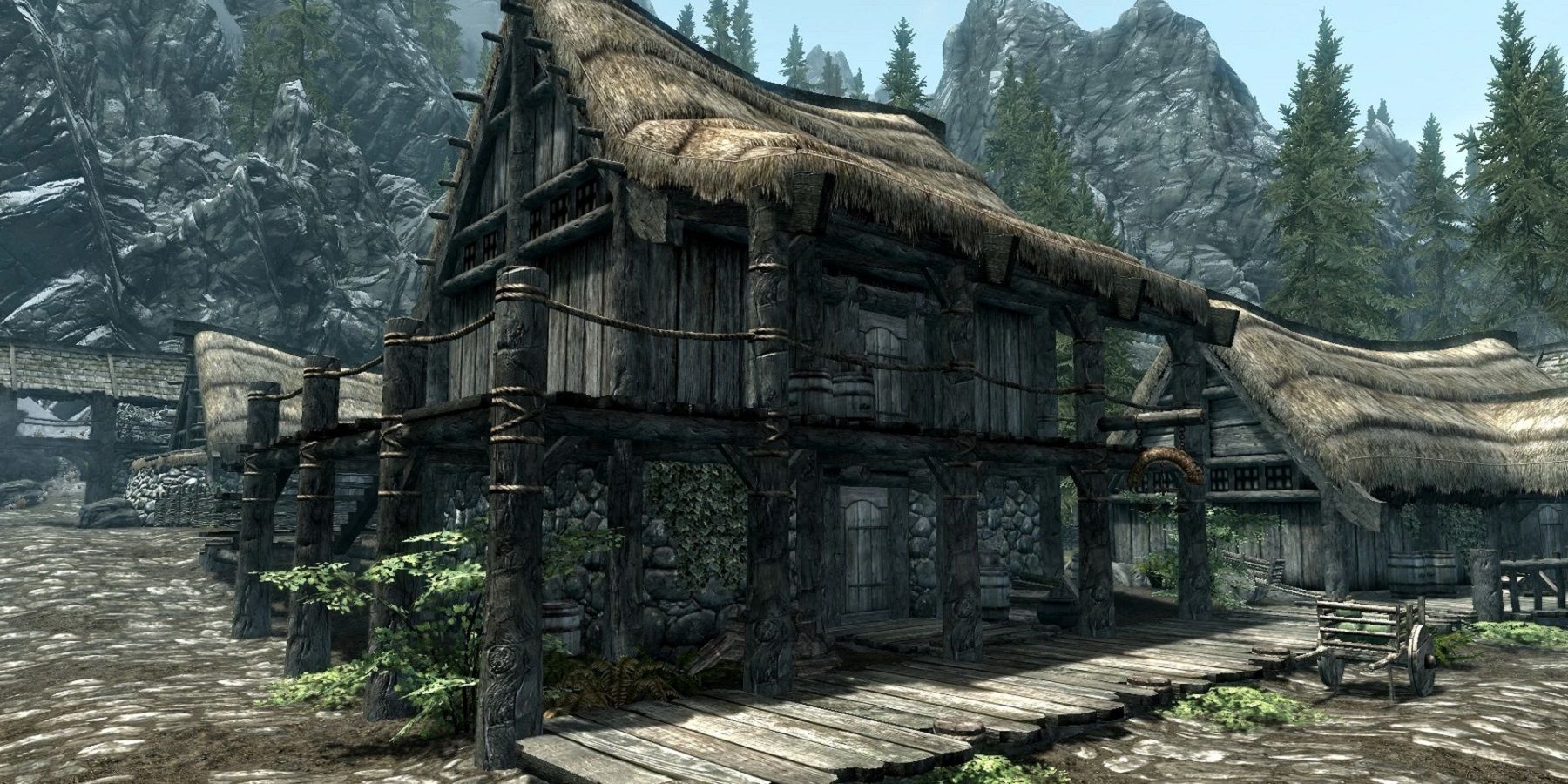 A screenshot from The Elder Scrolls 5: Skyrim showing the trader store in Riverwood.