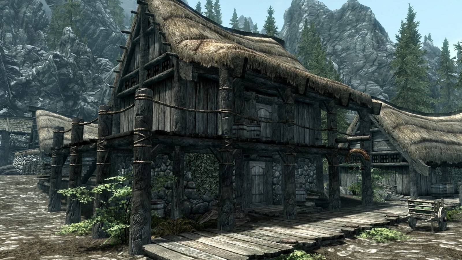 A screenshot from The Elder Scrolls 5: Skyrim showing the trader store in Riverwood.