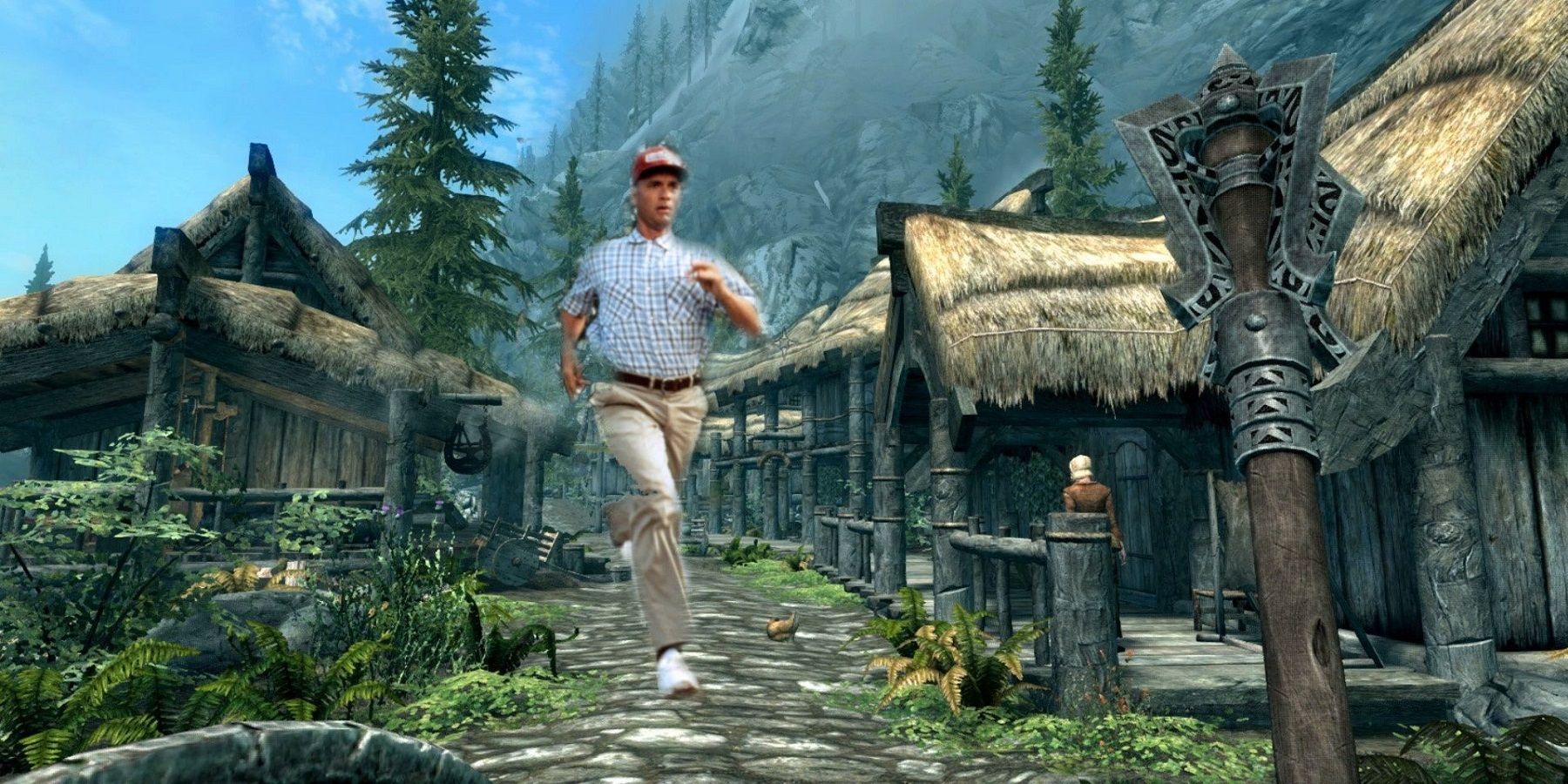 An image showing Forrest Gump superimposed over a screenshot from The Elder Scrolls 5: Skyrim.