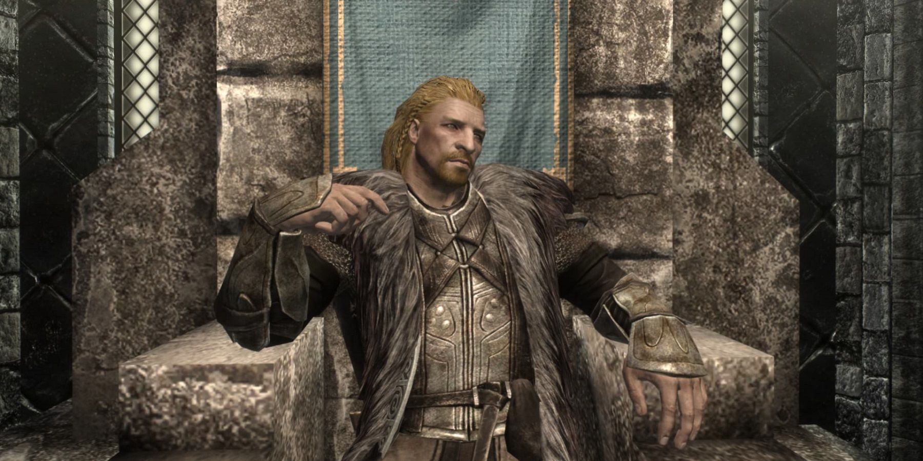 An image from The Elder Scrolls 5: skyrim showing Ulfric Stormcloak on a throne.