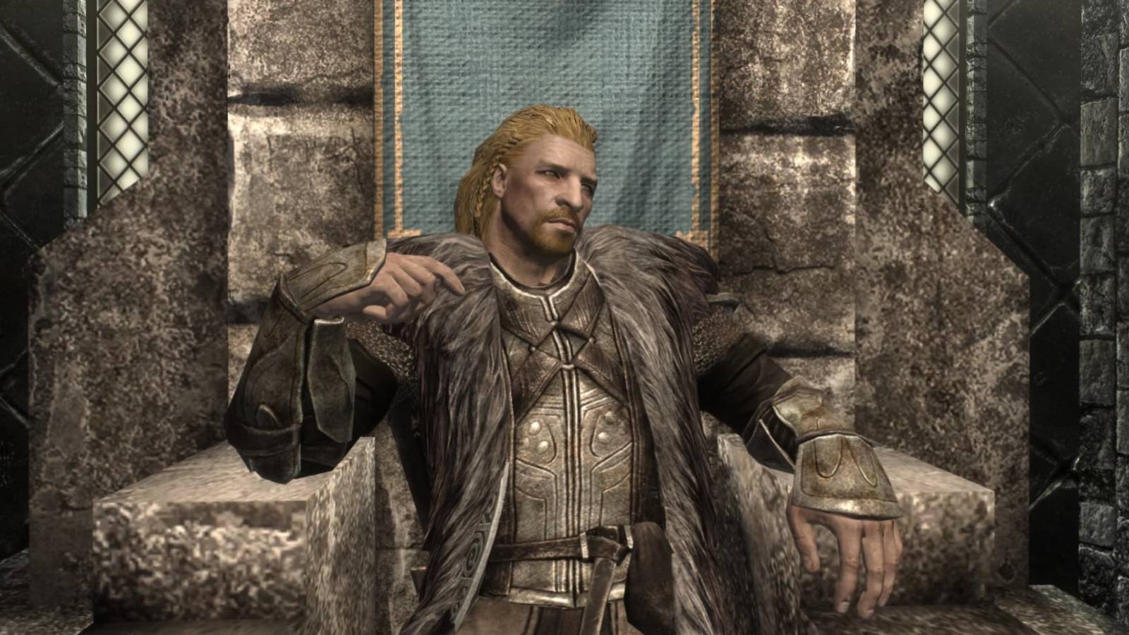 An image from The Elder Scrolls 5: skyrim showing Ulfric Stormcloak on a throne.
