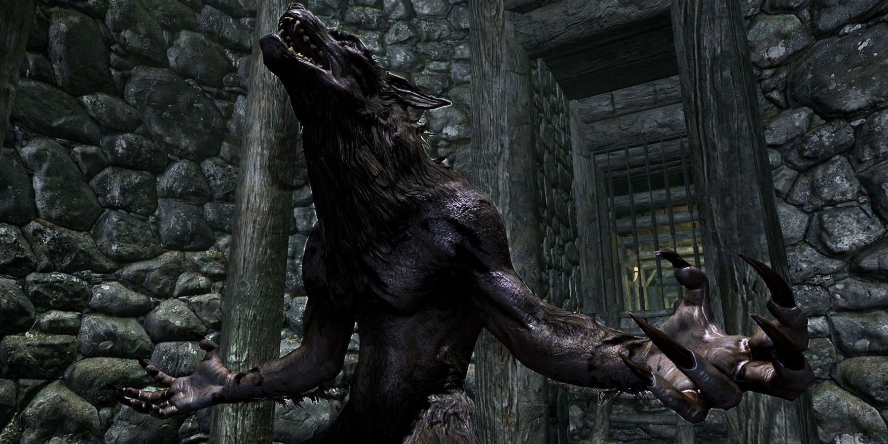 Screenshot from The Elder Scrolls 5: Skyrim showing a werewolf howling in a dungeon.