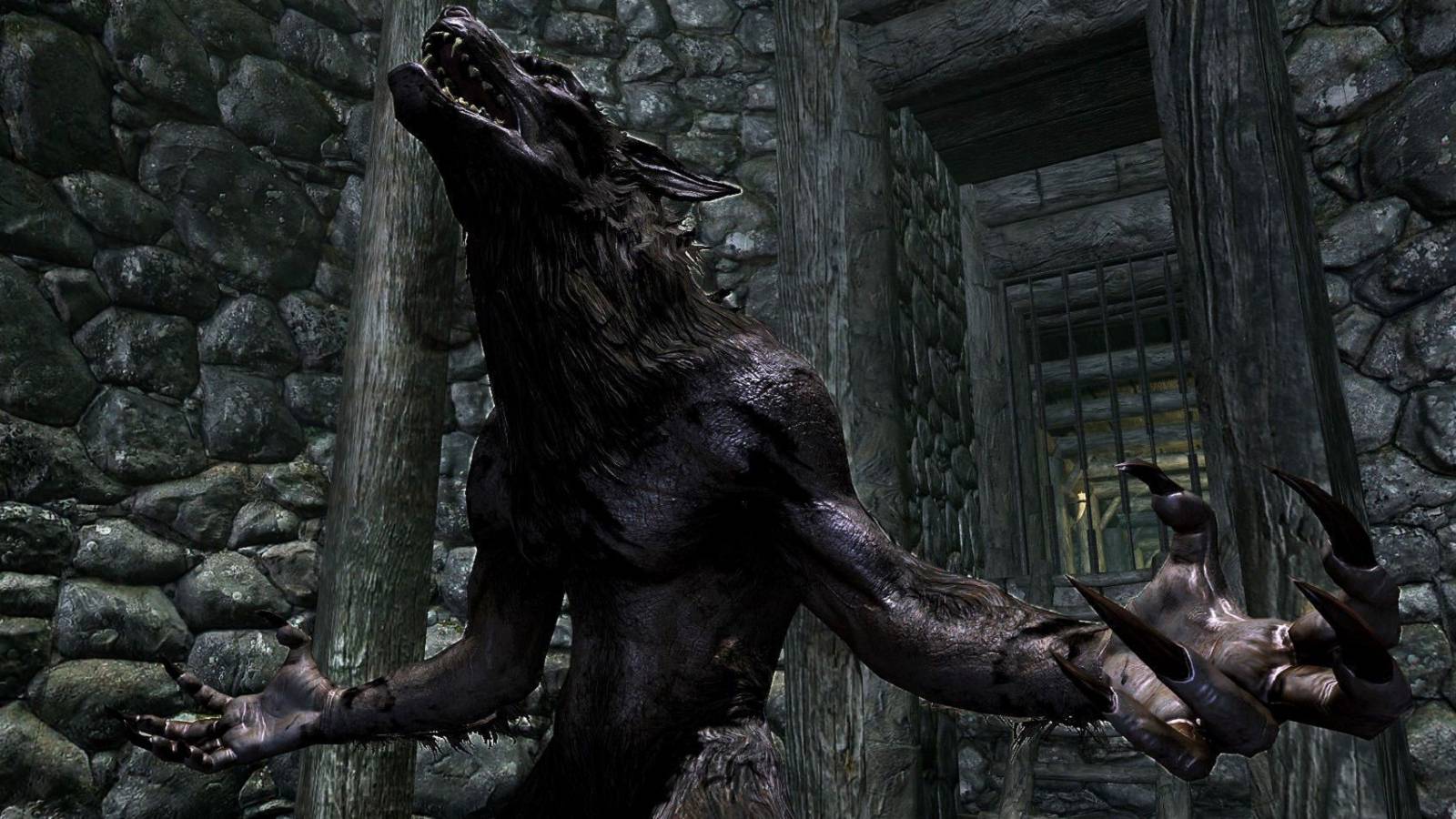 Screenshot from The Elder Scrolls 5: Skyrim showing a werewolf howling in a dungeon.