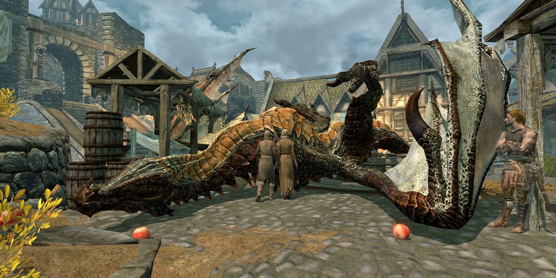 Screenshot from The Elder Scrolls 5: Skyrim showing a dragon lying dead in the middle of Whiterun.