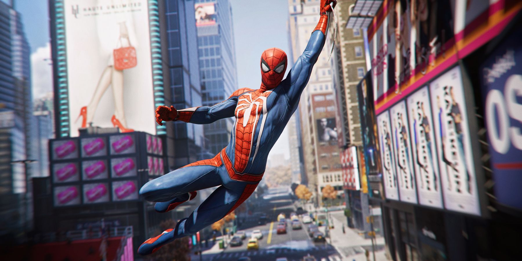 Spider-Man swinging through New York City.
