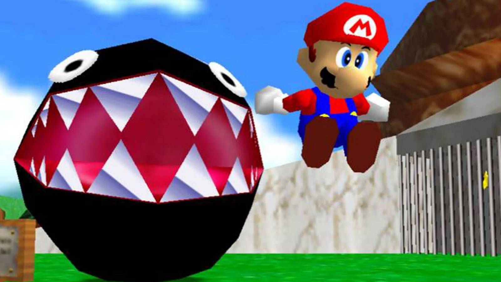 Screenshot from Super Mario 64 showing Mario leaping away from a Chain Chomp.