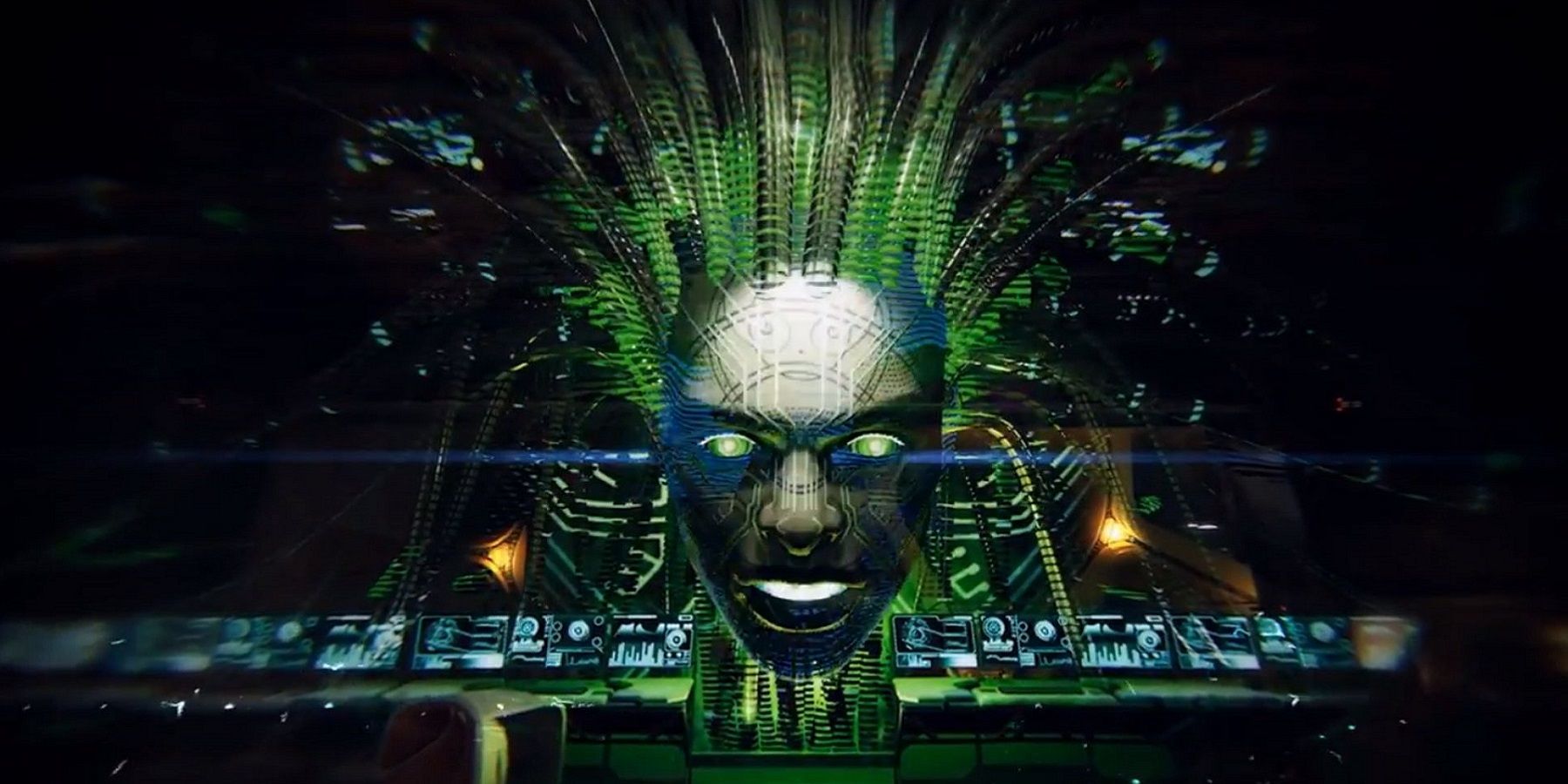 An image from the System Shock remake showing the infamous SHODAN AI.
