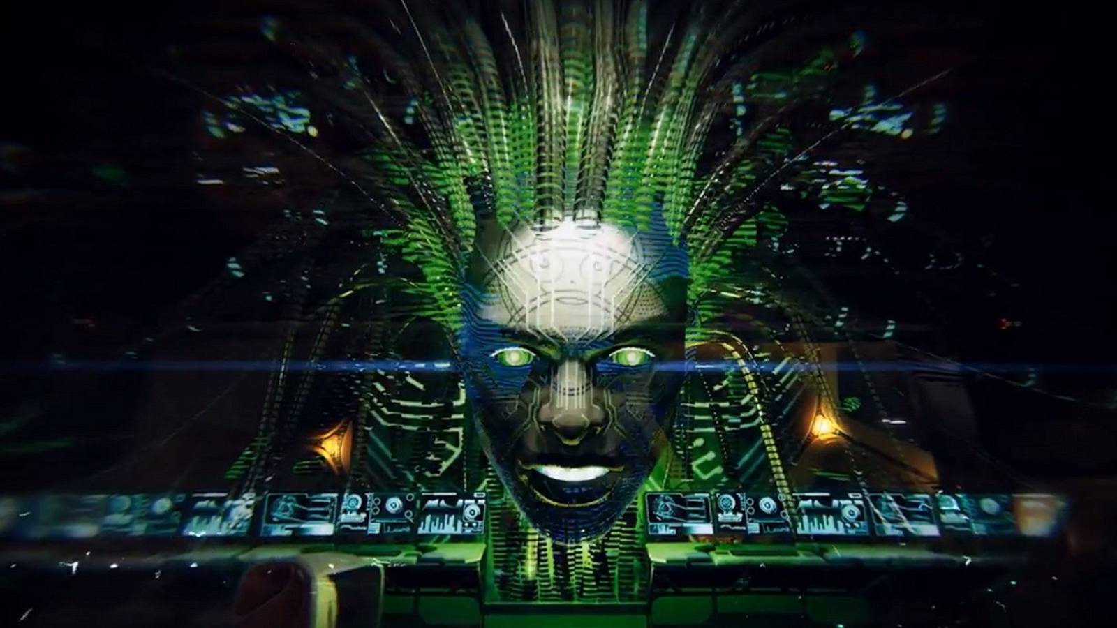 An image from the System Shock remake showing the infamous SHODAN AI.