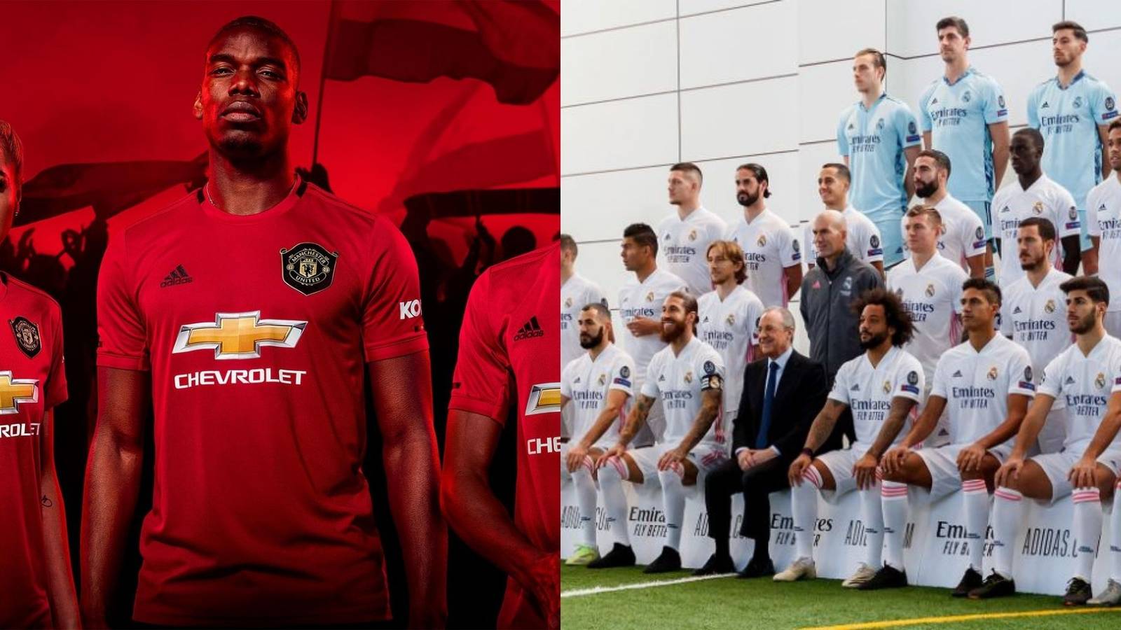 Split image of the Man United and Real Madrid teams.