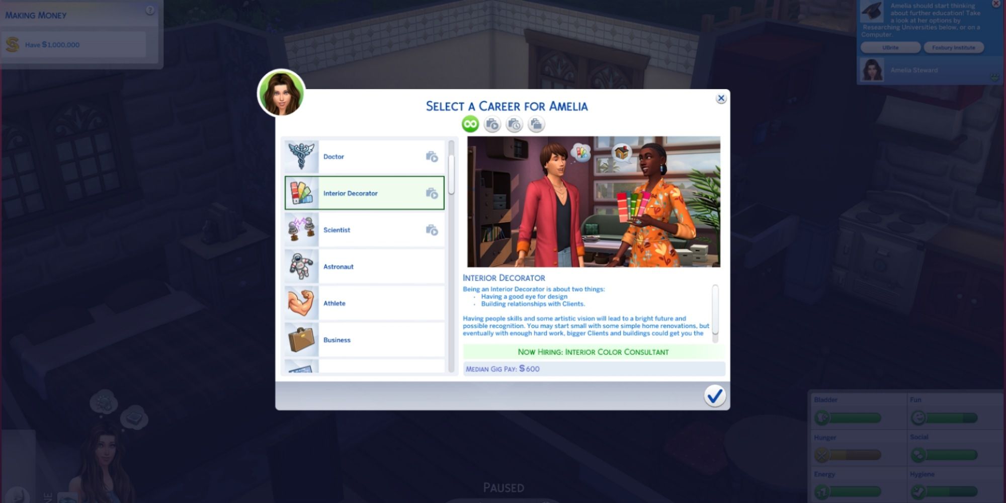 the careers list currently available in the sims 4 for a young adult