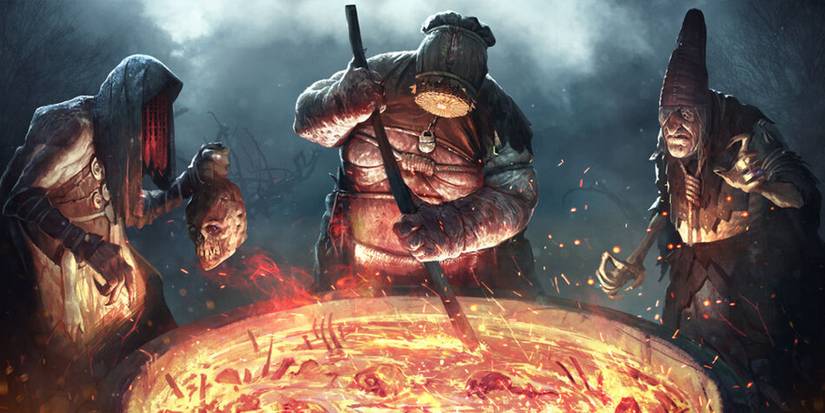 The Crones of Crookback Bog from The Witcher 3: Wild Hunt mix together a brew containing the remains of their victims.