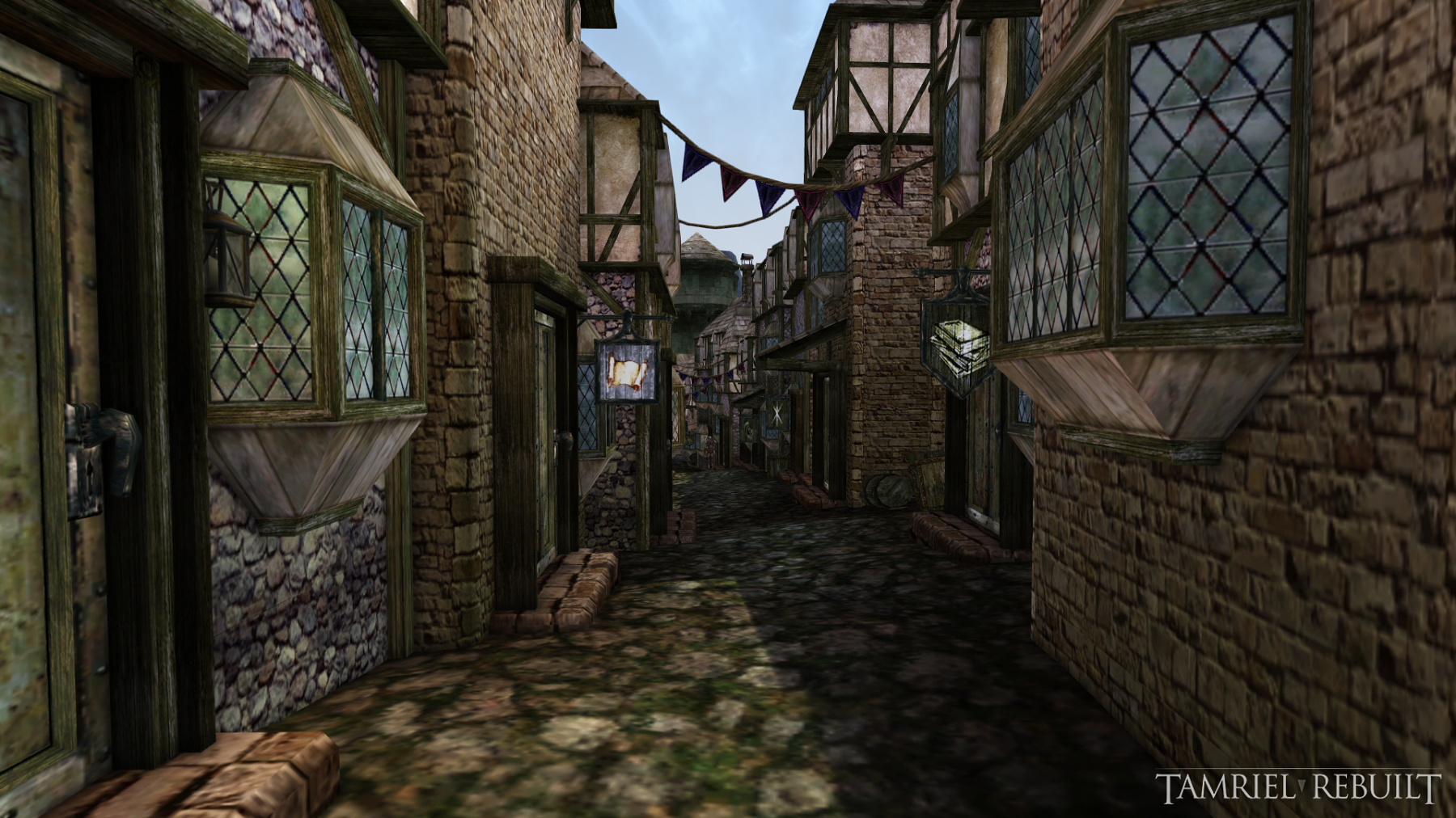 Screenshot from Morrowind mod "Tamriel Rebuilt" showing a narrow street with homes on either side.