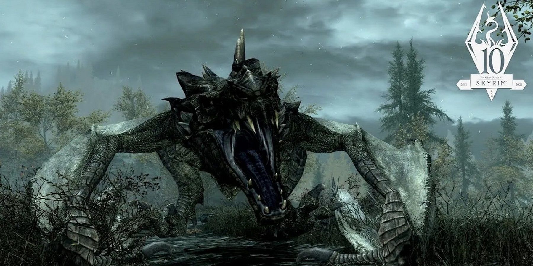 An image from the Elder Scrolls 5: skyrim showing a dragon roaring on the ground.