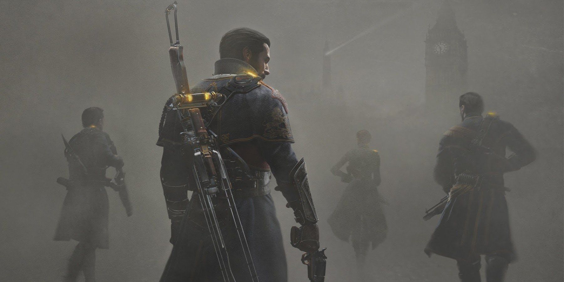 Sir Galahad and three other Knights of the Round walk through a foggy London, weapons drawn in The Order: 1886