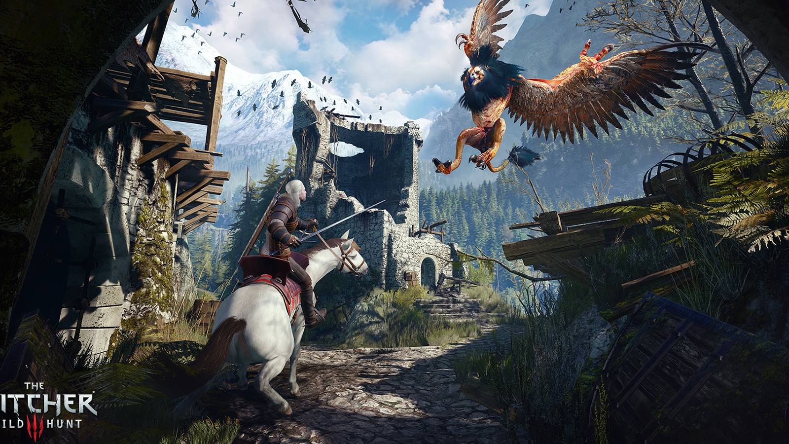 the witcher 3 - geralt fighting a griffin