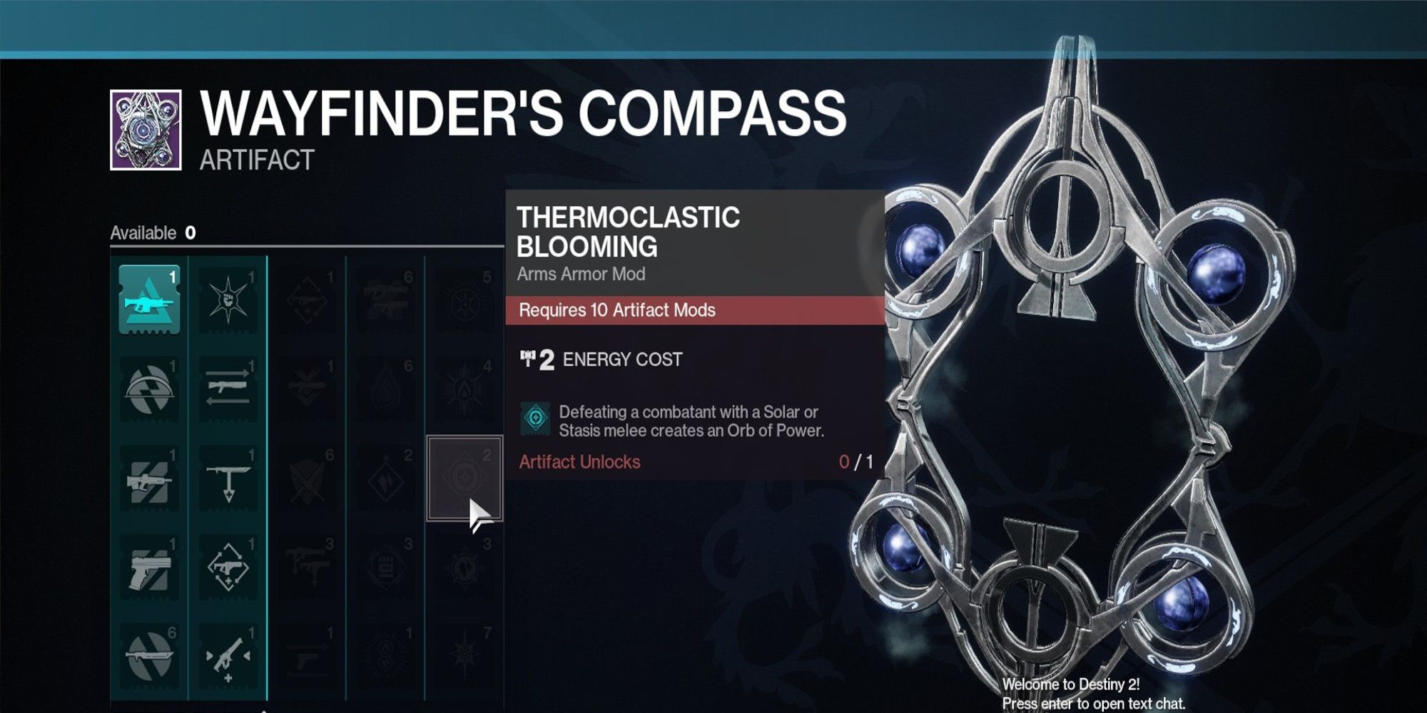 Thermoclastic Blooming Artifact Mod displayed in menu Wayfinder's Compass Destiny 2 