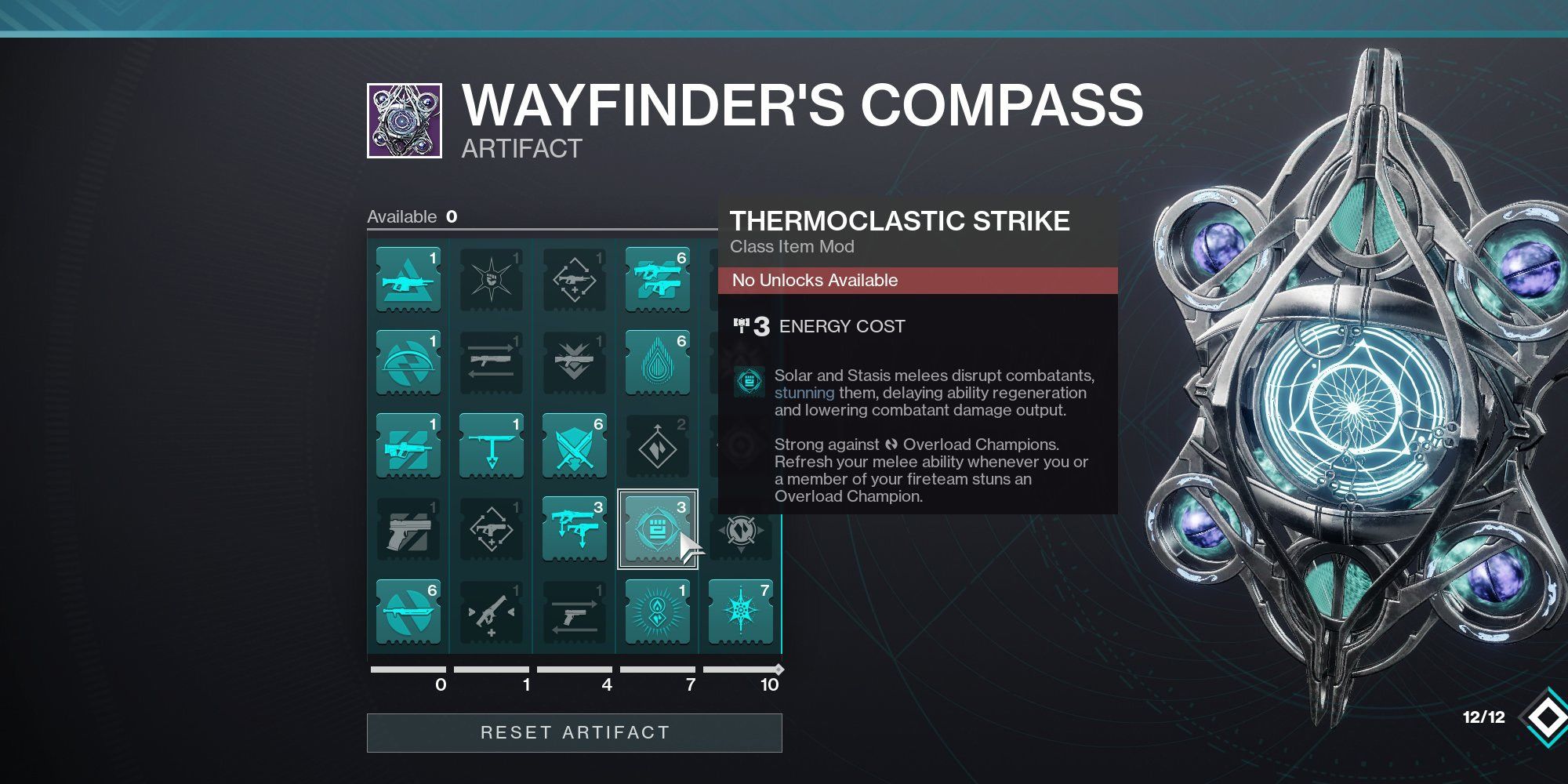 Thermoclastic Strike Artifact Mod displayed in menu Wayfinder's Compass Destiny 2 