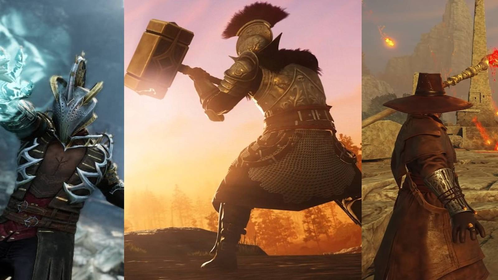 title image best weapon combos split image ice gauntlet warhammer fire staff