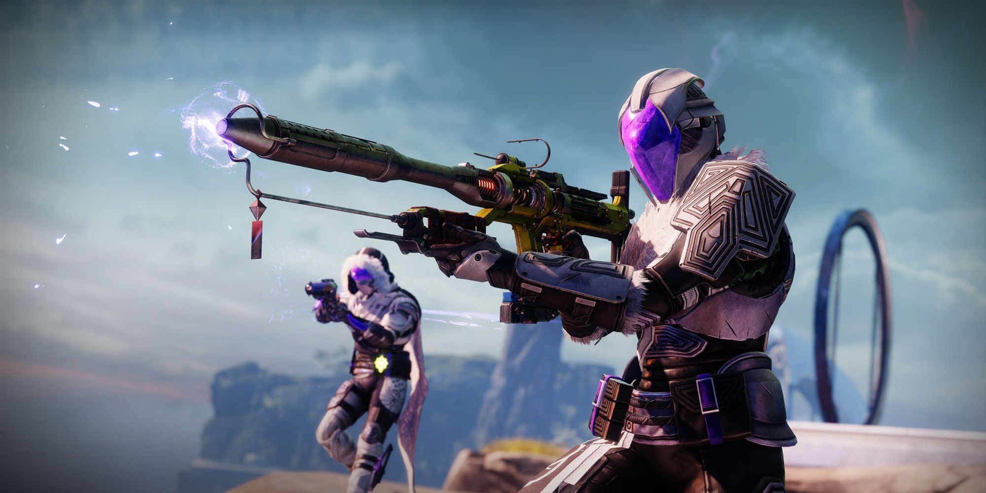 Destiny 2 two Guardians in battle aiming weapons