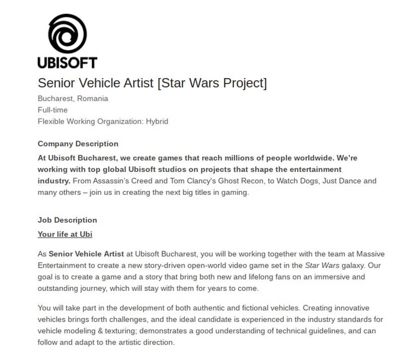 ubisoft star wars senior vehicle artist job listing