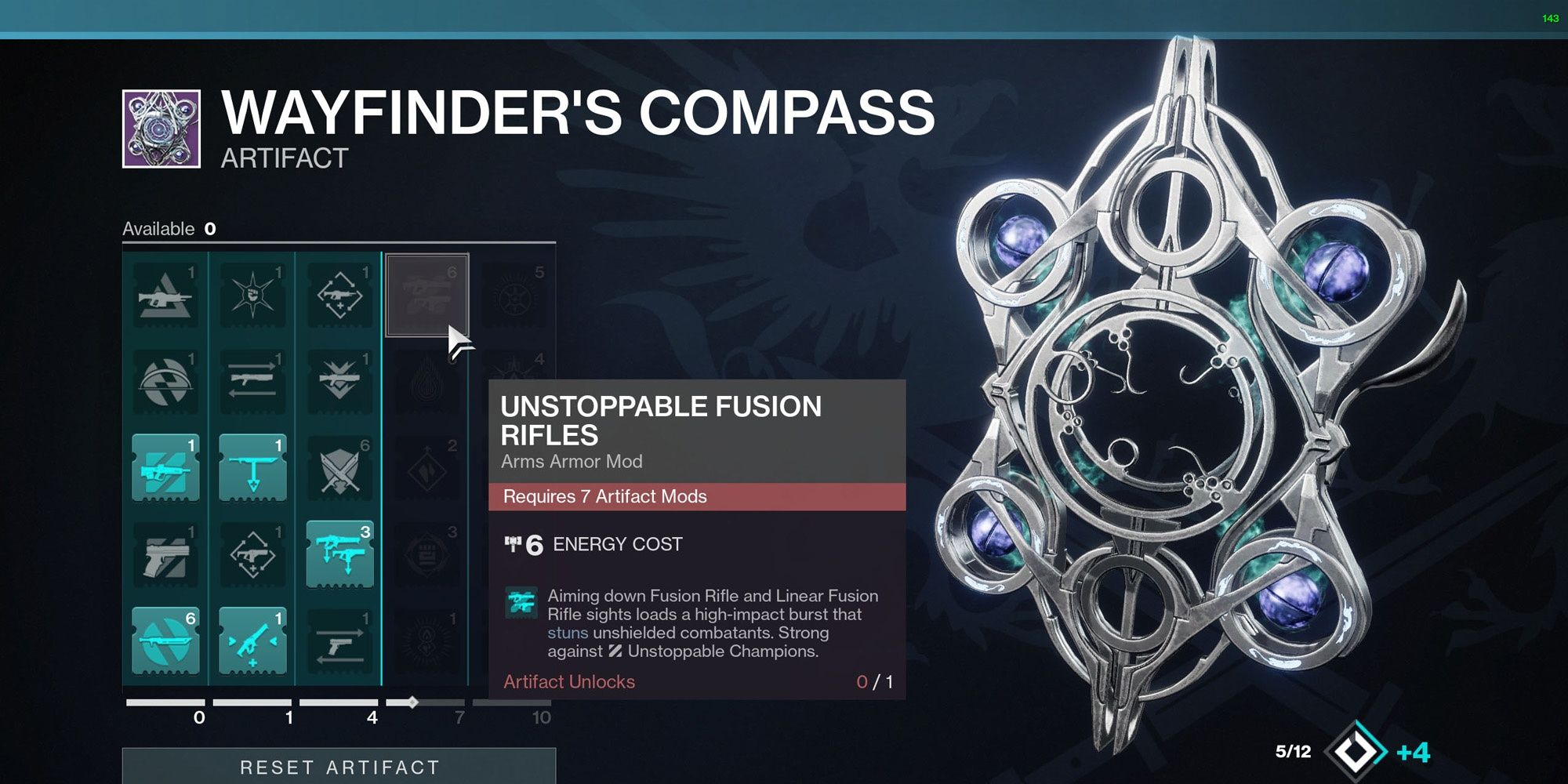 Unstoppable Fusion Artifact Mod displayed in menu Wayfinder's Compass Destiny 2 