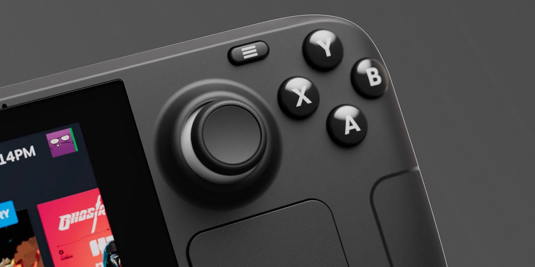 Close-up of the Steam Deck and its right thumbstick and buttons.