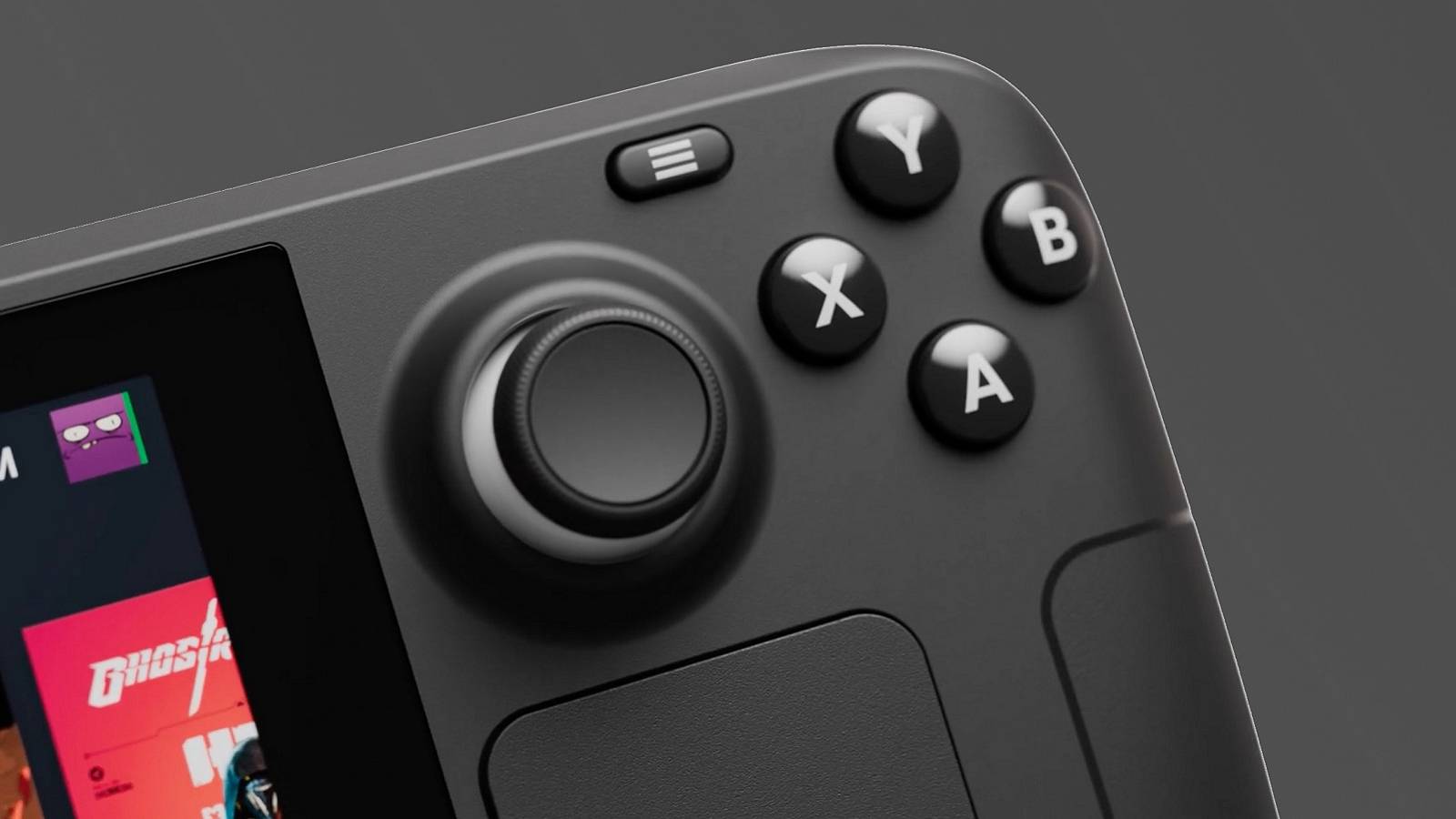 Close-up of the Steam Deck and its right thumbstick and buttons.