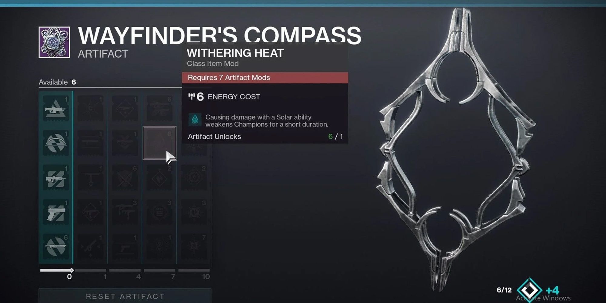 Withering Heat Artifact Mod displayed in menu Wayfinder's Compass Destiny 2 