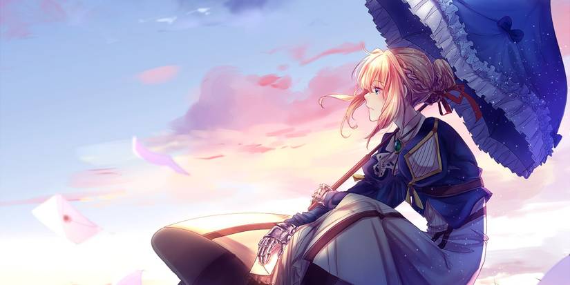 Violet Evergarden sitting and staring in the distance