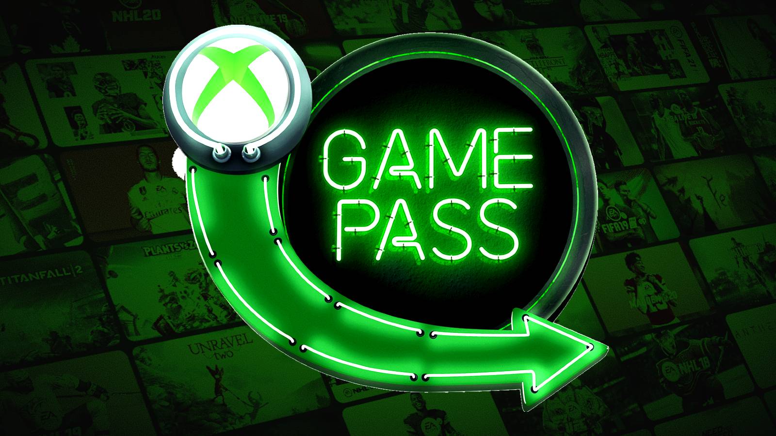 The Xbox Game Pass neon sign logo with title cards in the background.