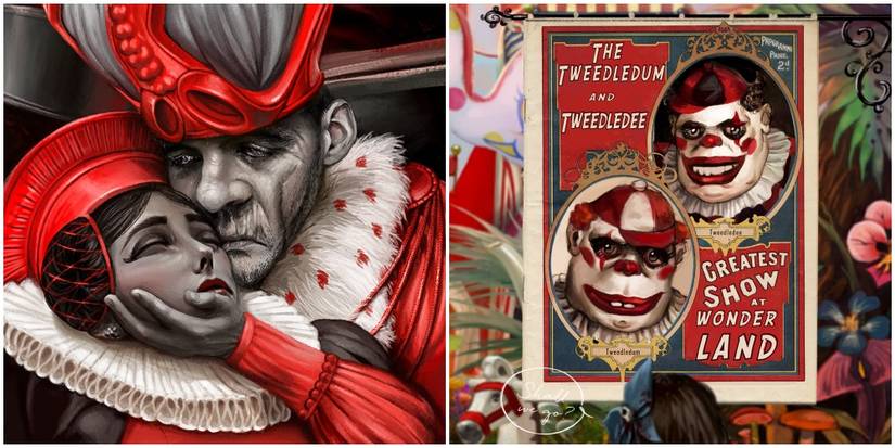 The Red King and Queen and a circus poster of the twins. 