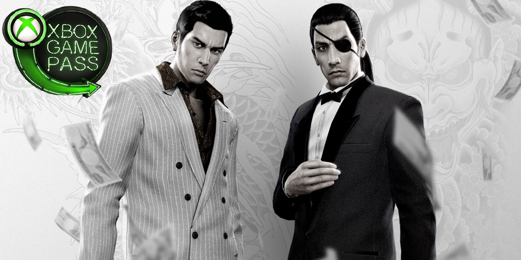 yakuza 0 characters with xbox game pass logo