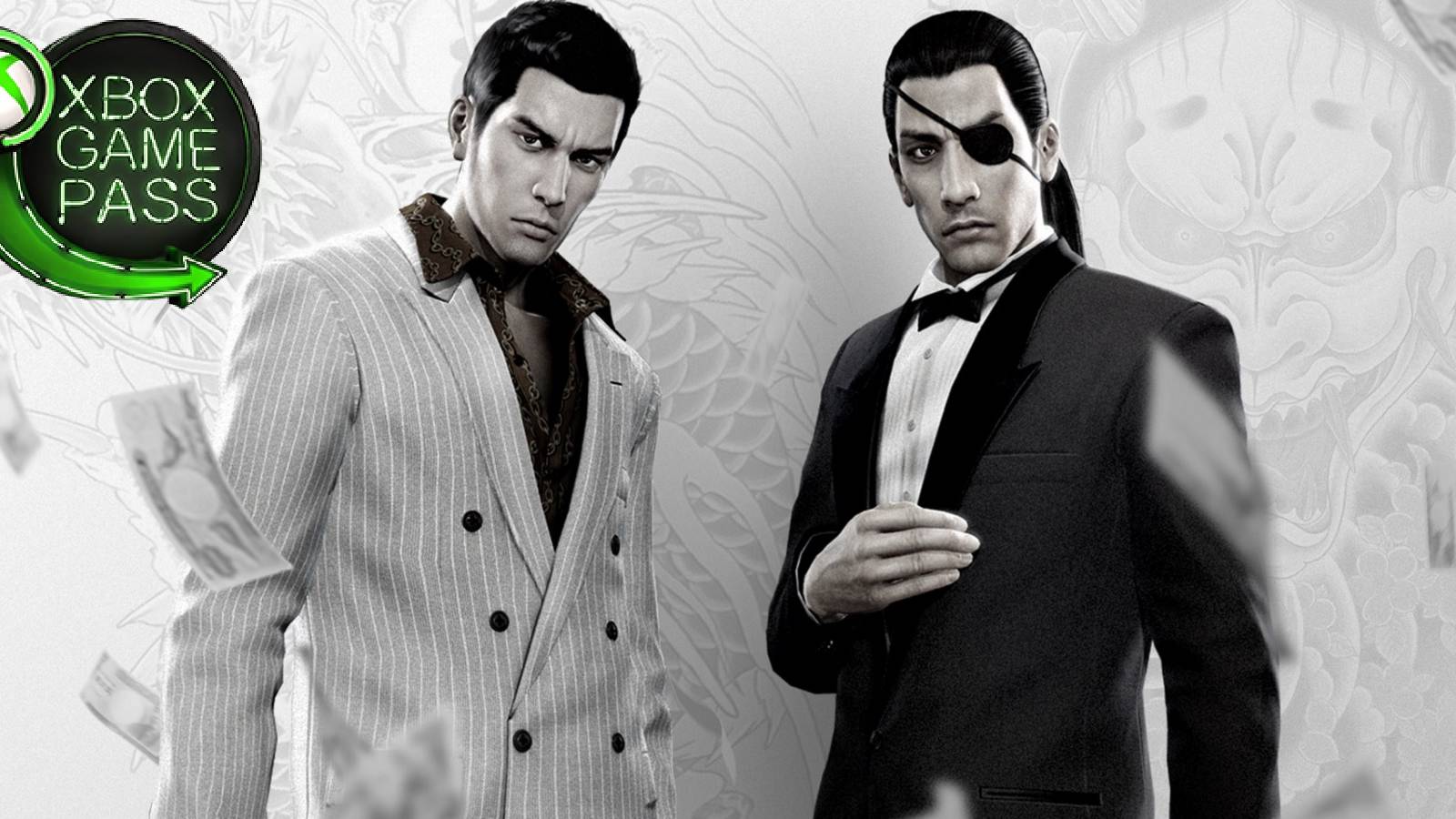 yakuza 0 characters with xbox game pass logo