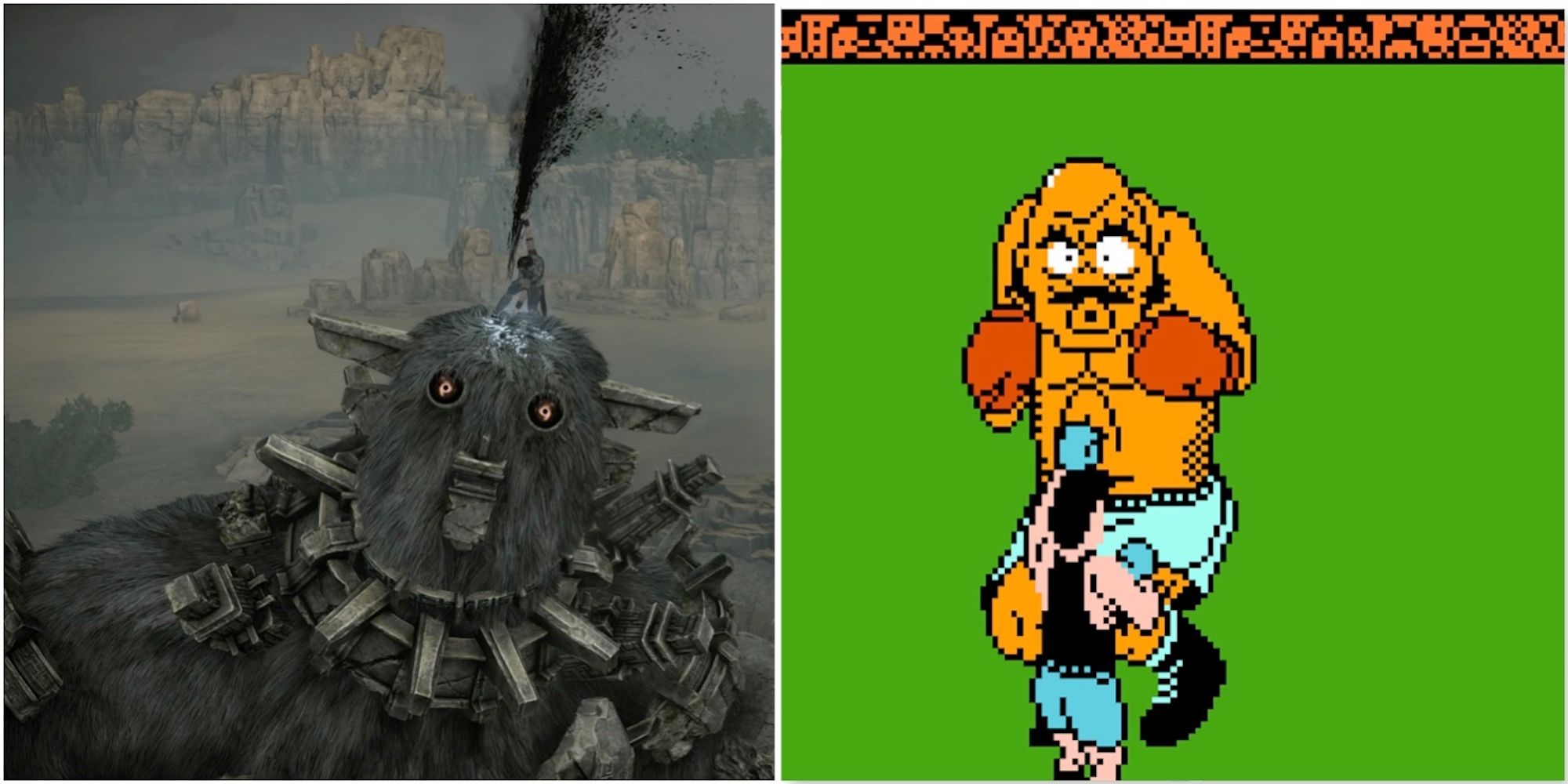 Fighting a boss in Shadow Of The Colossus and fighting Bald Bull in Punch-Out