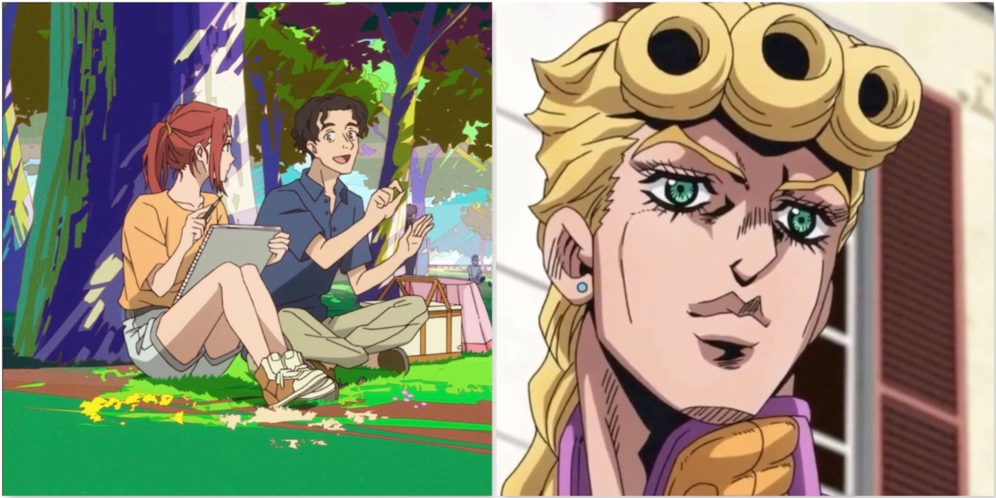 A scene featuring characters from Great Pretender and Giorno from Jojo’s Bizarre Adventure: Golden Wind 