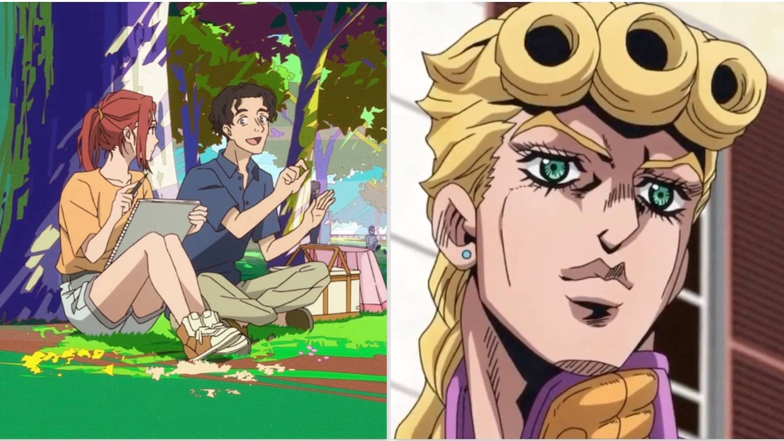A scene featuring characters from Great Pretender and Giorno from Jojo’s Bizarre Adventure: Golden Wind 