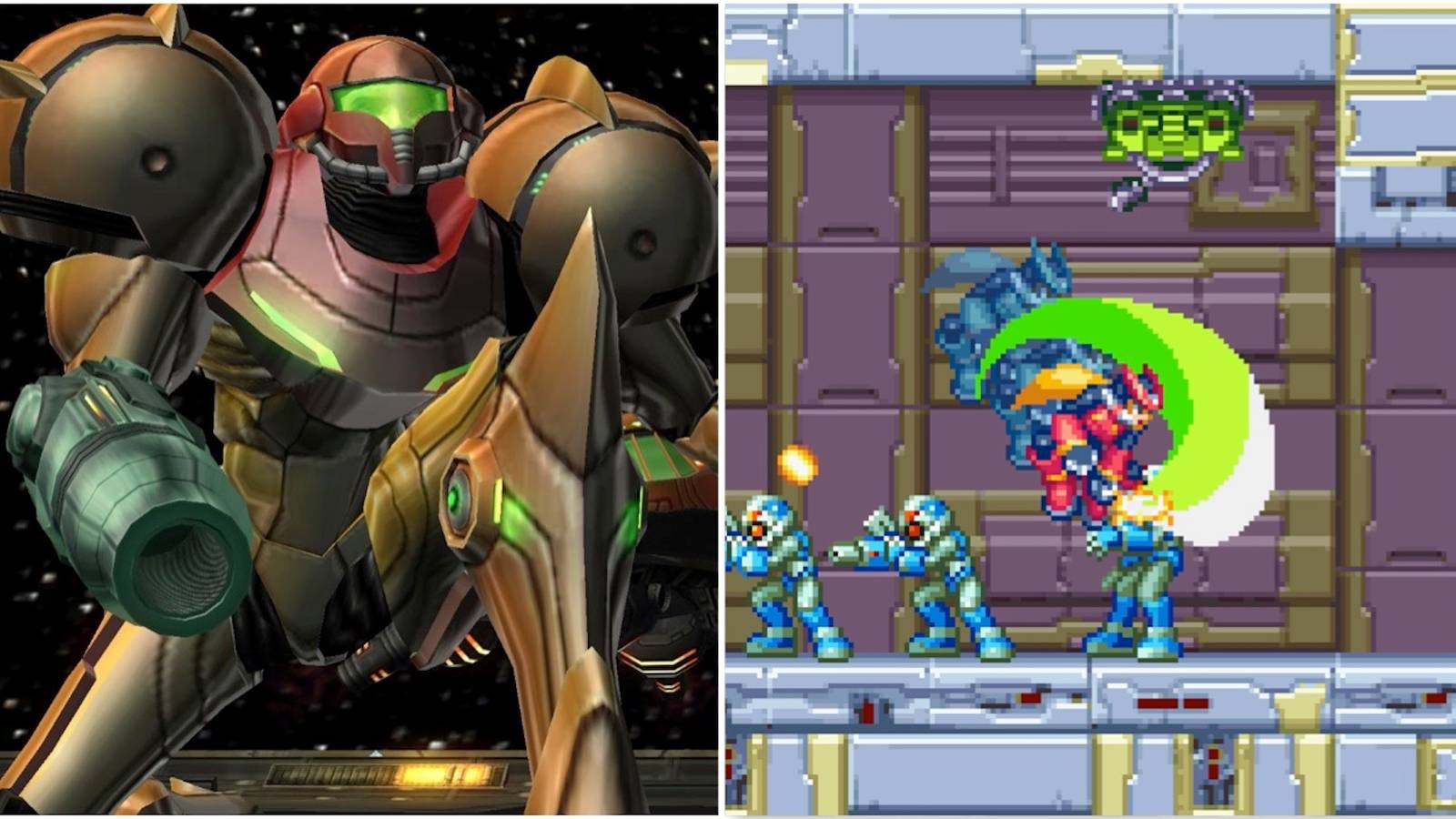 Samus from Metroid Prime and fighting enemies in Mega Man Zero