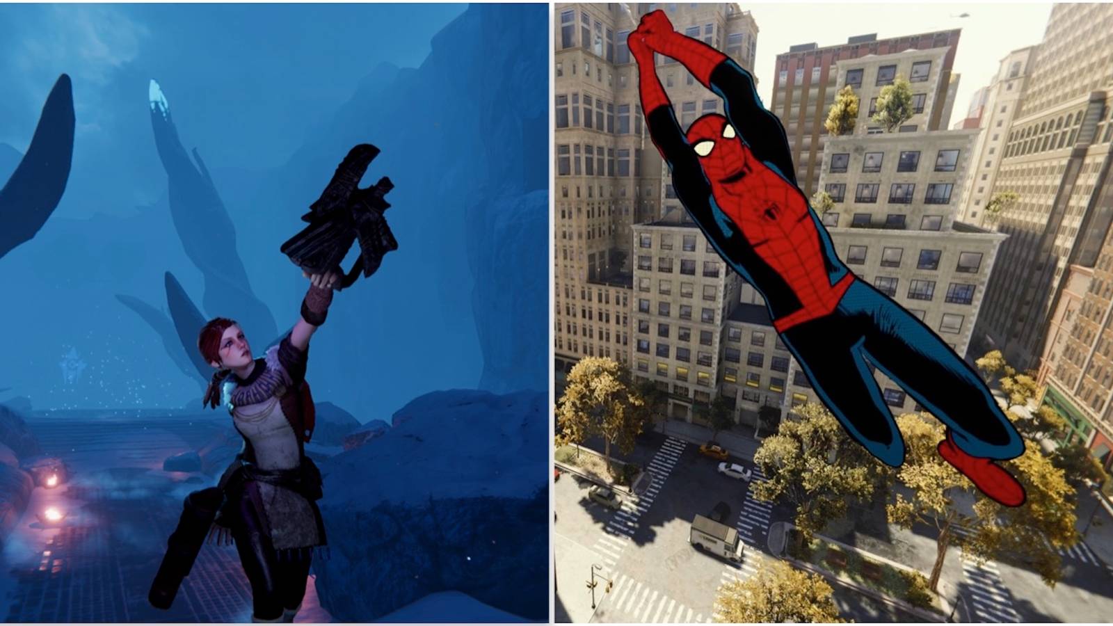 Fighting a boss in Praey For The Gods and swinging around in Marvel’s Spider-Man