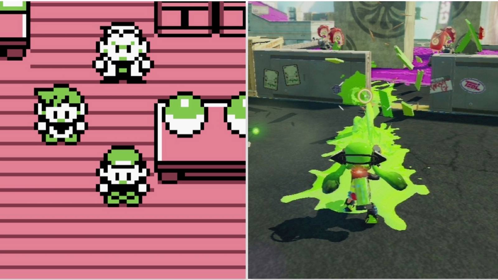 Professor Oak’s lab from Pokemon Red/Blue and fighting a match in Splatoon