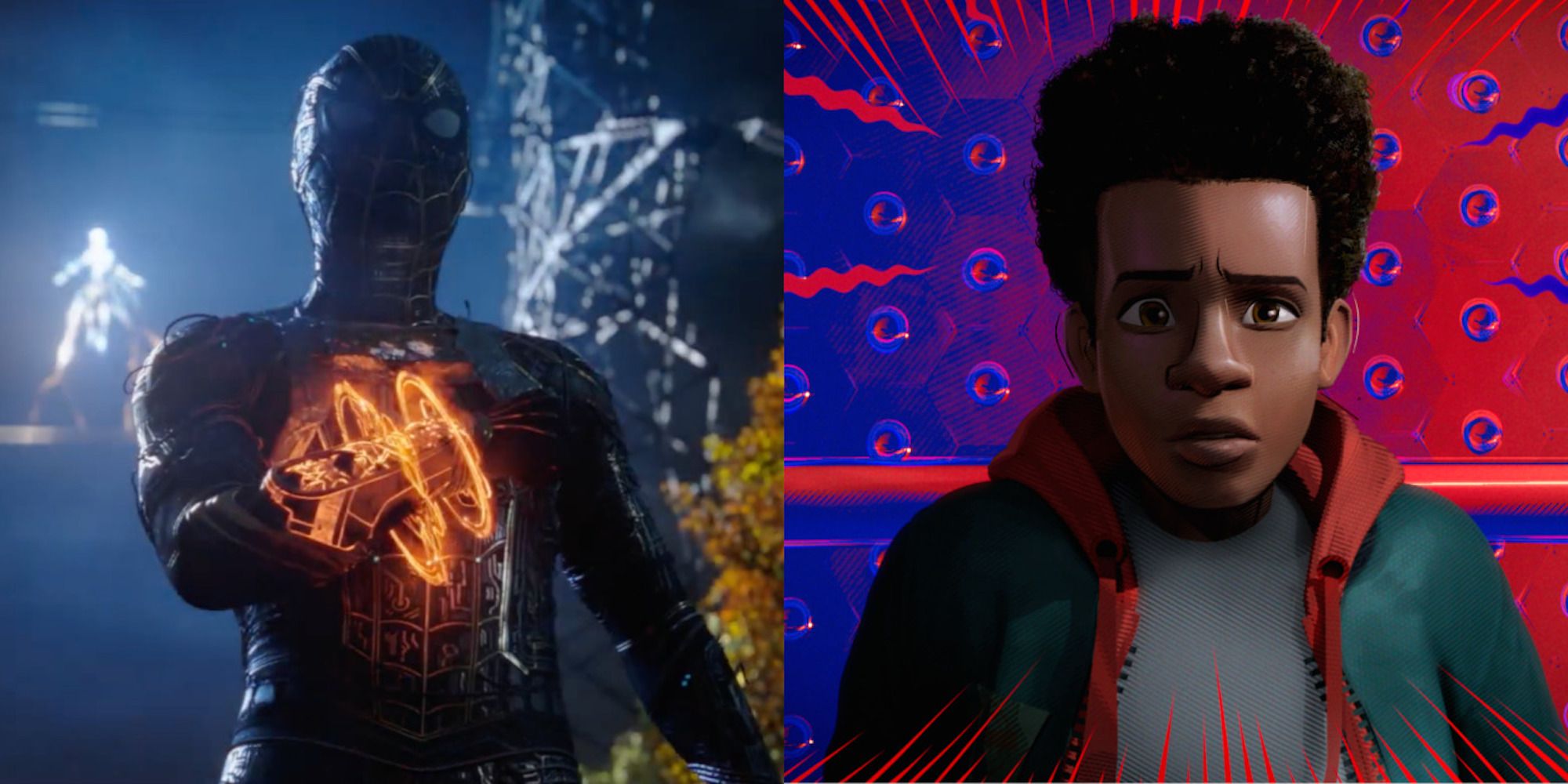 Peter from Spider-Man: No Way Home and and Miles from Into The Spider-Verse