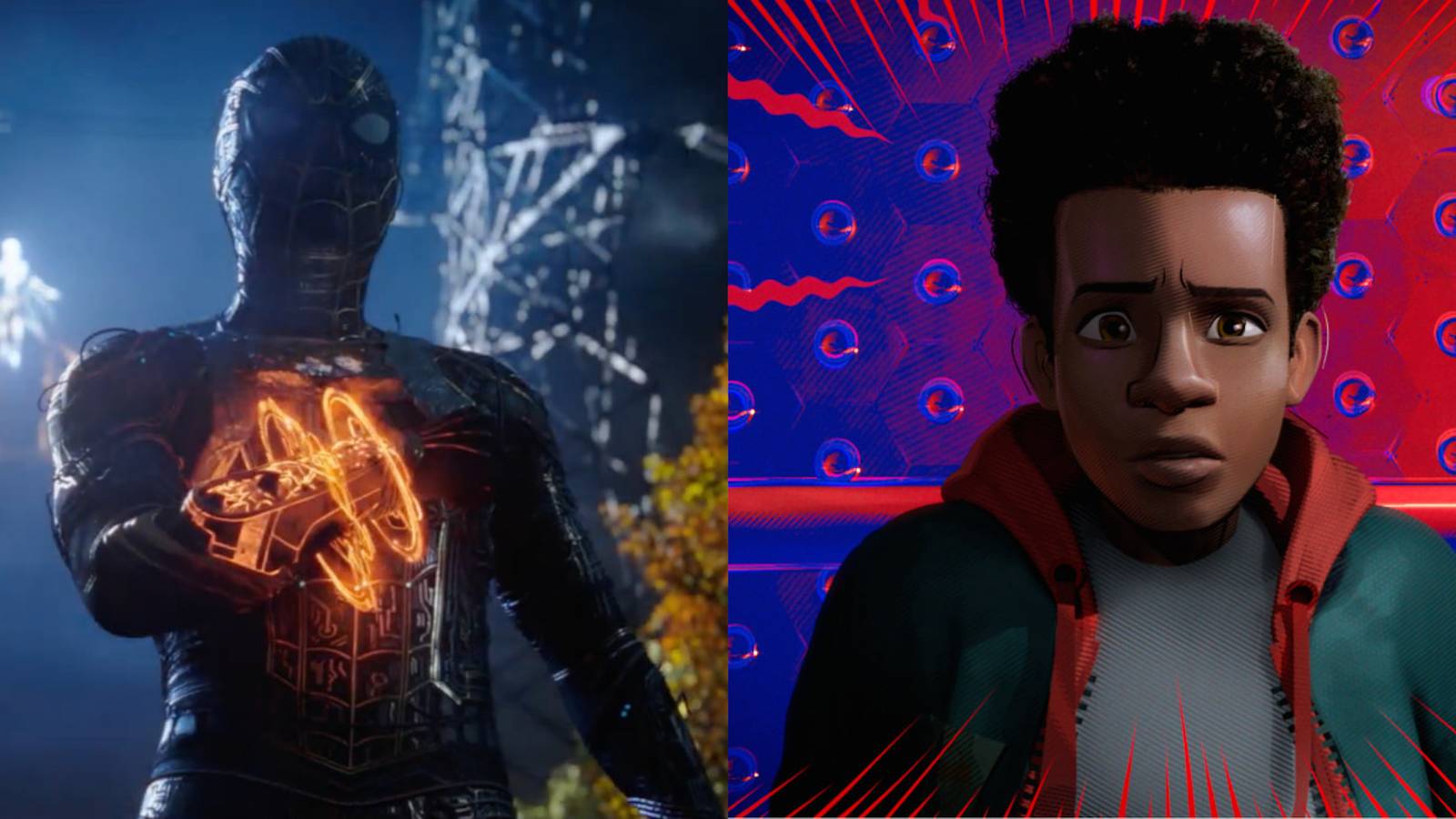 Peter from Spider-Man: No Way Home and and Miles from Into The Spider-Verse