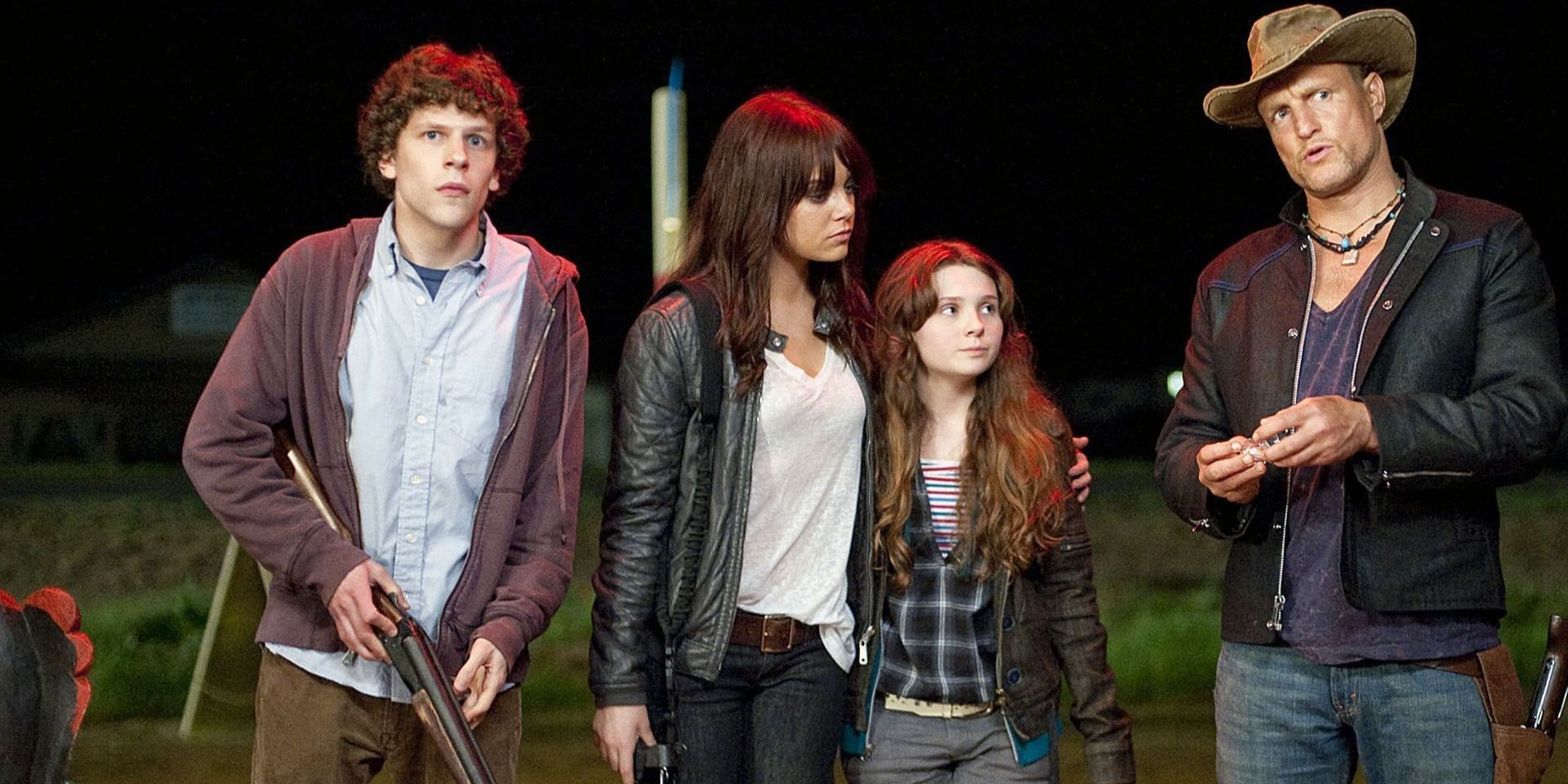 Columbus (Jesse Eisenberg), Tallahassee (Woody Harrelson), Little Rock (Abigail Breslin), and Wichita (Emma Stone)