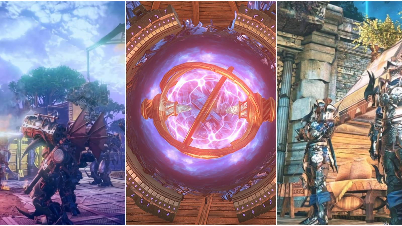 Elyon - A joined image of combat, a dimensional portal, and characters in armor.