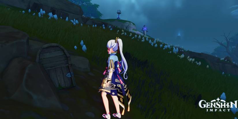 ayaka with the buried chest on tsurumi island in genshin impact